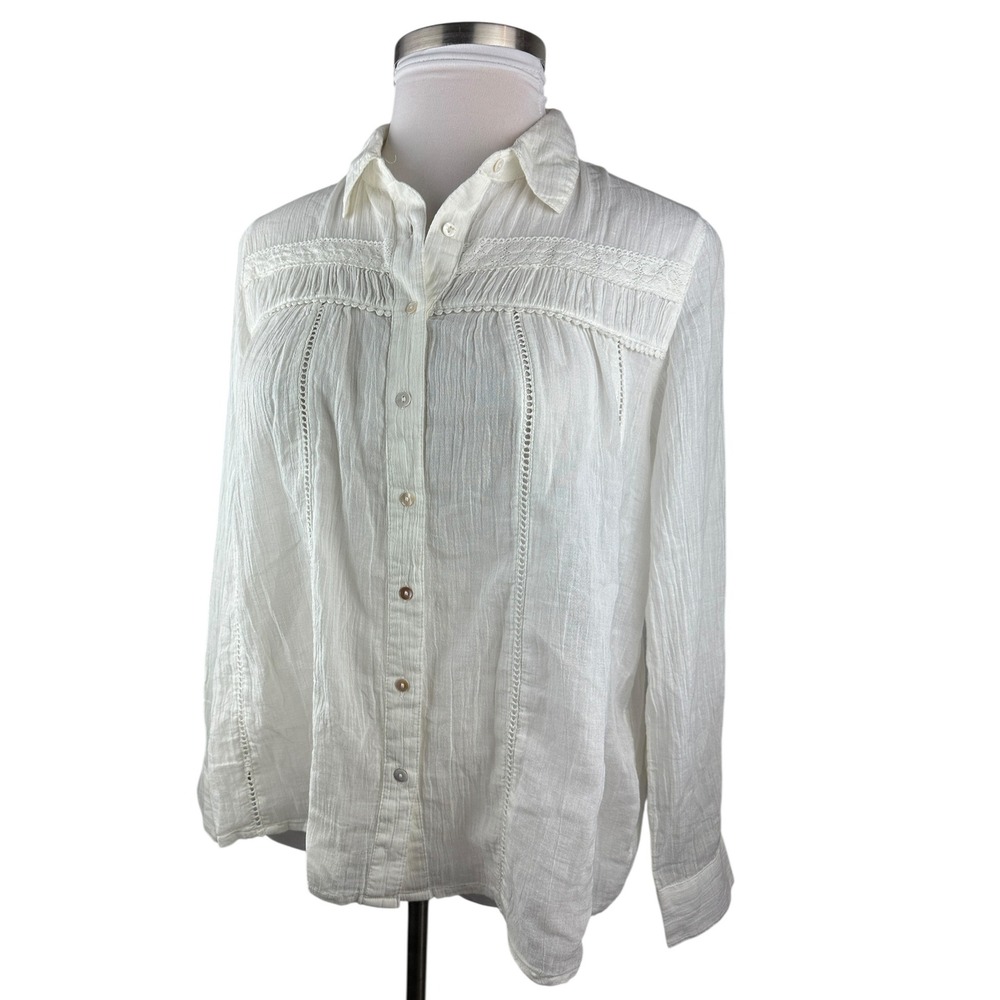 Sundance White Cotton Long Sleeve Button Up Blouse Crochet Boho Sheer Size Small - Picture 4 of 14